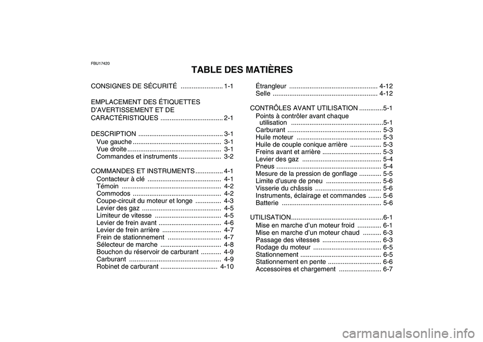 YAMAHA YFM50R 2007 Notices Demploi (in French)
FBU17420
TABLE DES MATIÈRES
CONSIGNES DE SÉCURITÉ ....................... 1-1
EMPLACEMENT DES ÉTIQUETTES
D’AVERTISSEMENT ET DE
CARACTÉRISTIQUES .................................. 2-1
DES YAMAHA YFM50R 2007 Notices Demploi (in French)
FBU17420
TABLE DES MATIÈRES
CONSIGNES DE SÉCURITÉ ....................... 1-1
EMPLACEMENT DES ÉTIQUETTES
D’AVERTISSEMENT ET DE
CARACTÉRISTIQUES .................................. 2-1
DES