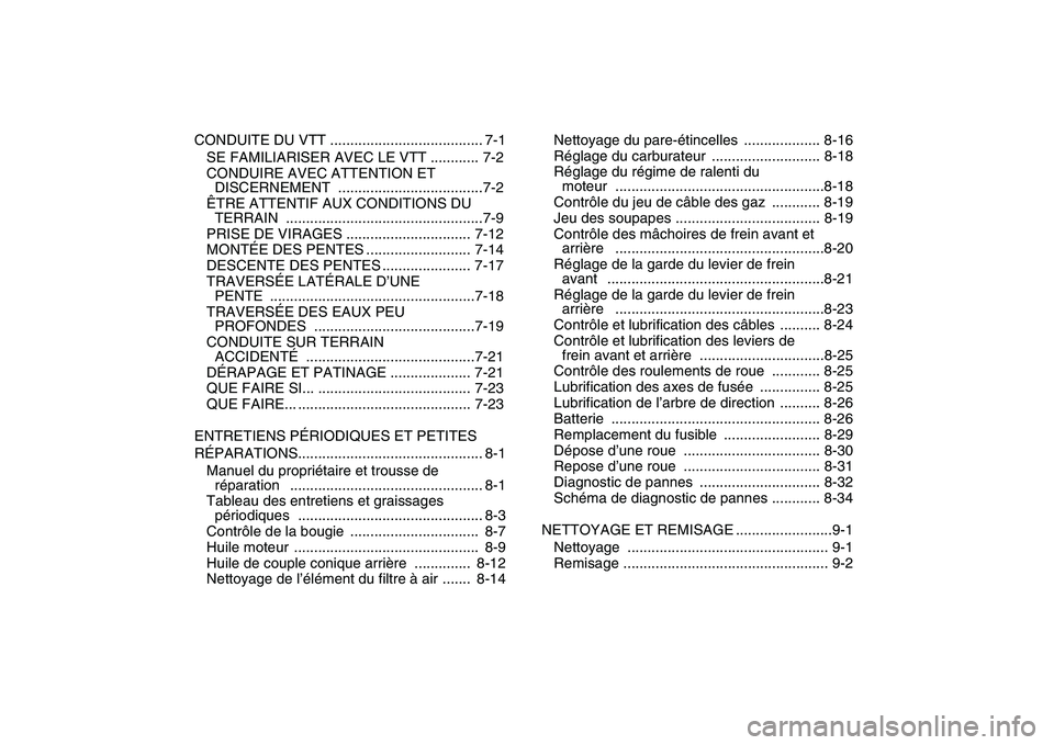 YAMAHA YFM50R 2007  Notices Demploi (in French)  
CONDUITE DU VTT ...................................... 7-1
SE FAMILIARISER AVEC LE VTT ............ 7-2
CONDUIRE AVEC ATTENTION ET 
DISCERNEMENT ....................................7-2
ÊTRE ATTENTI