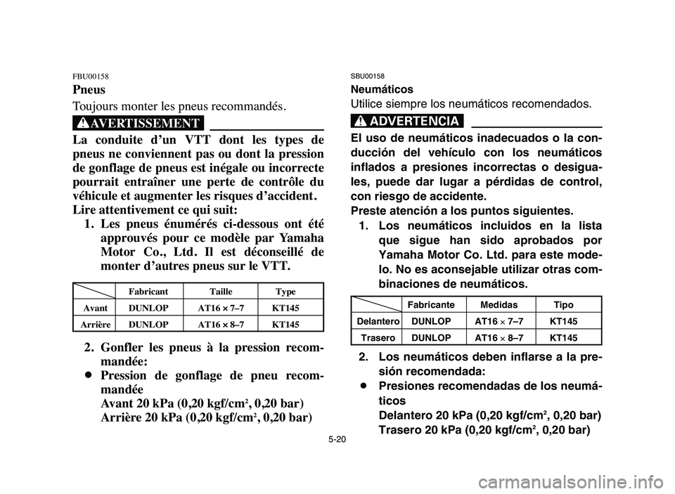 YAMAHA YFM50R 2006 Notices Demploi (in French) 5-20
FBU00158
Pneus
Toujours monter les pneus recommandés.
XG
La conduite d’un VTT dont les types de
pneus ne conviennent pas ou dont la pression
de gonflage de pneus est inégale ou YAMAHA YFM50R 2006 Notices Demploi (in French) 5-20
FBU00158
Pneus
Toujours monter les pneus recommandés.
XG
La conduite d’un VTT dont les types de
pneus ne conviennent pas ou dont la pression
de gonflage de pneus est inégale ou