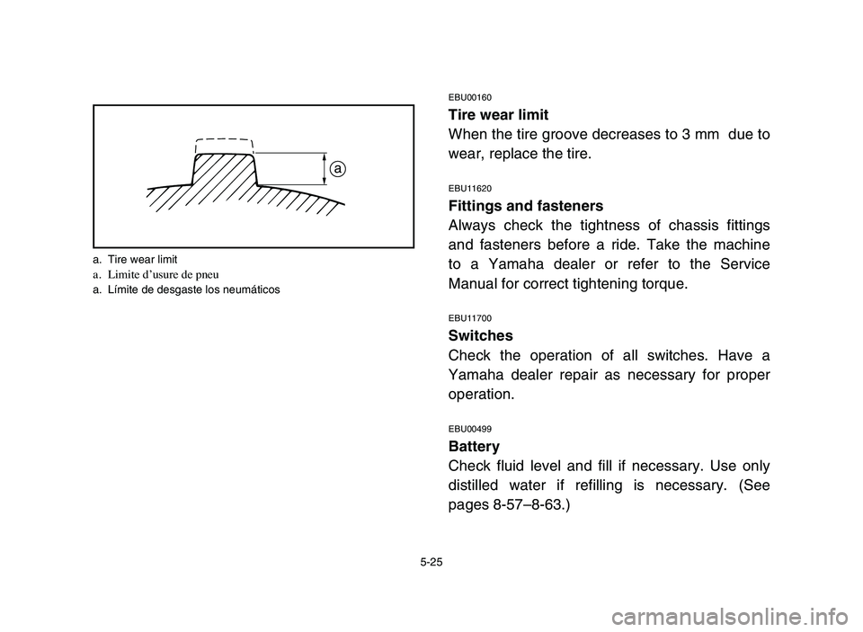 YAMAHA YFM50R 2006 Manuale de Empleo (in Spanish) 5-25
EBU00160
Tire wear limit
When the tire groove decreases to 3 mm due to
wear, replace the tire.
EBU11620
Fittings and fasteners
Always check the tightness of chassis fittings
and fasteners before YAMAHA YFM50R 2006 Manuale de Empleo (in Spanish) 5-25
EBU00160
Tire wear limit
When the tire groove decreases to 3 mm due to
wear, replace the tire.
EBU11620
Fittings and fasteners
Always check the tightness of chassis fittings
and fasteners before