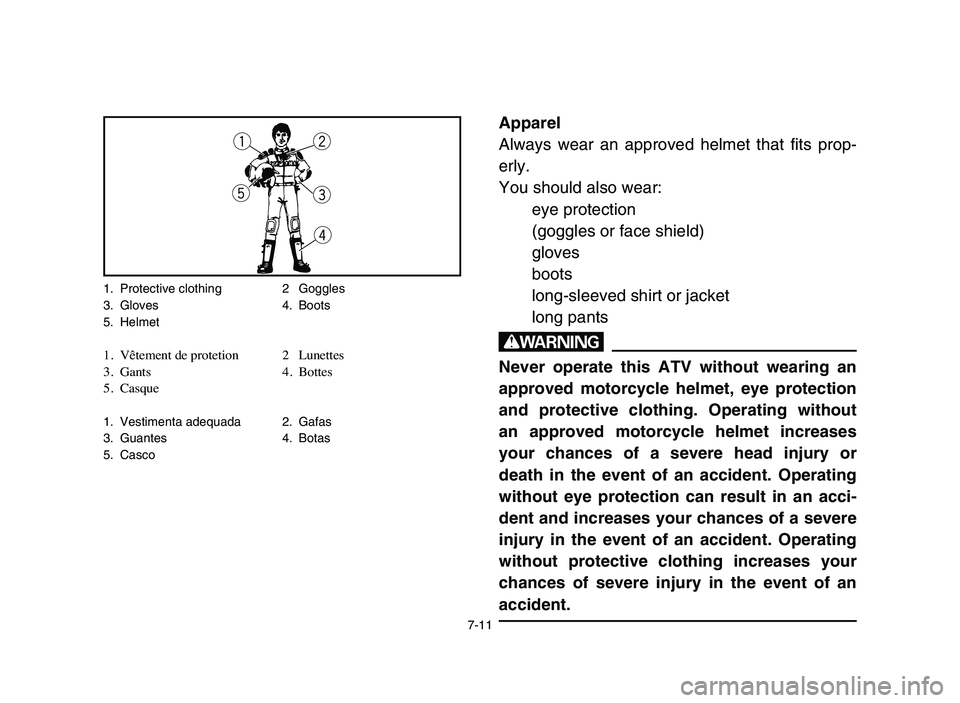 YAMAHA YFM50R 2006 Notices Demploi (in French) 7-11
Apparel
Always wear an approved helmet that fits prop-
erly.
You should also wear:
eye protection
(goggles or face shield)
gloves
boots
long-sleeved shirt or jacket
long pants
w
Never operate thi YAMAHA YFM50R 2006 Notices Demploi (in French) 7-11
Apparel
Always wear an approved helmet that fits prop-
erly.
You should also wear:
eye protection
(goggles or face shield)
gloves
boots
long-sleeved shirt or jacket
long pants
w
Never operate thi