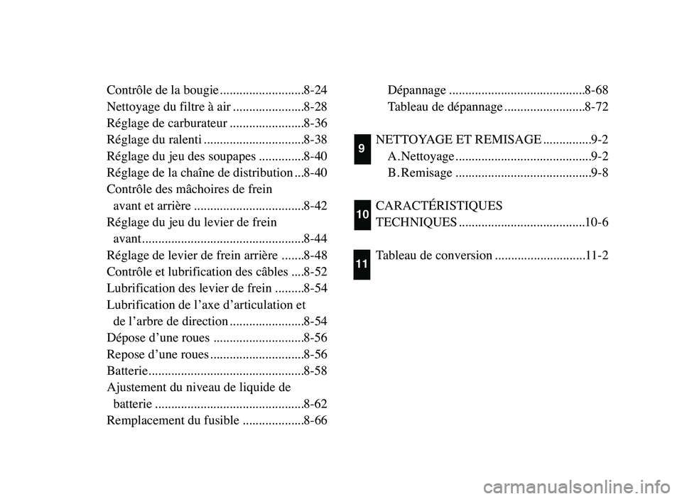 YAMAHA YFM50R 2006 Manuale de Empleo (in Spanish) Contrôle de la bougie..........................8-24
Nettoyage du filtre à air ......................8-28
Réglage de carburateur .......................8-36
Réglage du ralenti ..................... YAMAHA YFM50R 2006 Manuale de Empleo (in Spanish) Contrôle de la bougie..........................8-24
Nettoyage du filtre à air ......................8-28
Réglage de carburateur .......................8-36
Réglage du ralenti .....................