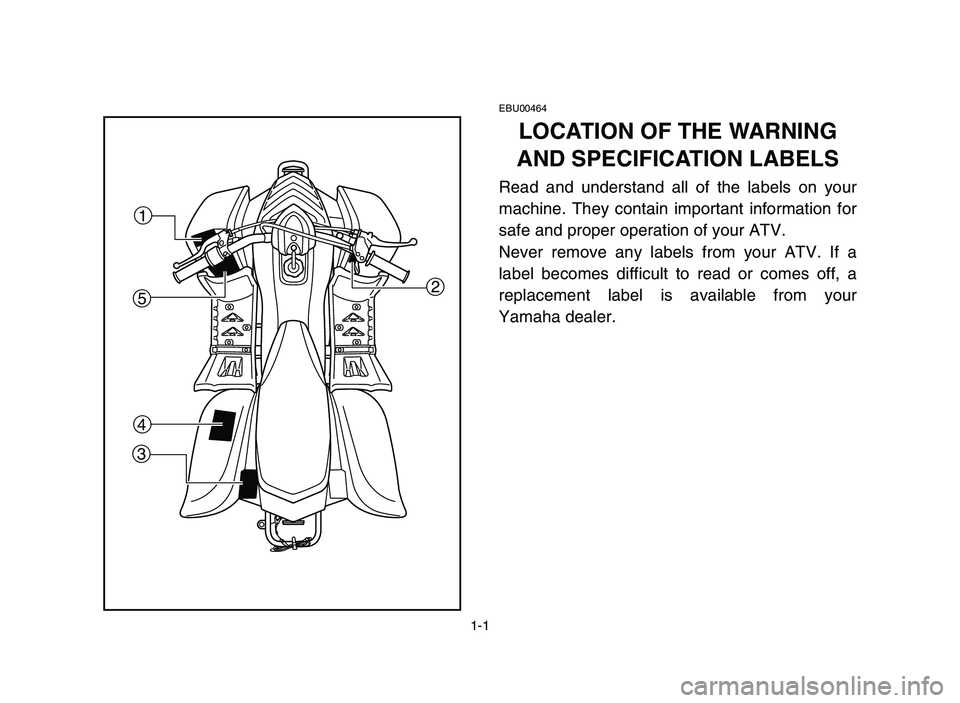 YAMAHA YFM50R 2006 Manuale de Empleo (in Spanish) 1-1
EBU00464
LOCATION OF THE WARNING
AND SPECIFICATION LABELS
Read and understand all of the labels on your
machine. They contain important information for
safe and proper operation of your ATV.
Never YAMAHA YFM50R 2006 Manuale de Empleo (in Spanish) 1-1
EBU00464
LOCATION OF THE WARNING
AND SPECIFICATION LABELS
Read and understand all of the labels on your
machine. They contain important information for
safe and proper operation of your ATV.
Never