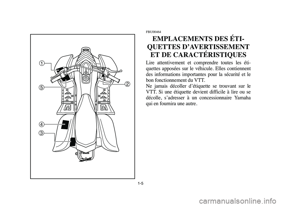 YAMAHA YFM50R 2006 Notices Demploi (in French) 1-5
FBU00464
EMPLACEMENTS DES ÉTI-
QUETTES D’AVERTISSEMENT
ET DE CARACTÉRISTIQUES
Lire attentivement et comprendre toutes les éti-
quettes apposées sur le véhicule. Elles contiennen YAMAHA YFM50R 2006 Notices Demploi (in French) 1-5
FBU00464
EMPLACEMENTS DES ÉTI-
QUETTES D’AVERTISSEMENT
ET DE CARACTÉRISTIQUES
Lire attentivement et comprendre toutes les éti-
quettes apposées sur le véhicule. Elles contiennen