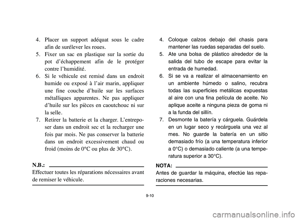 YAMAHA YFM50R 2006 Manuale de Empleo (in Spanish) 9-10
4. Placer un support adéquat sous le cadre
afin de surélever les roues.
5. Fixer un sac en plastique sur la sortie du
pot d’échappement afin de le protéger
contre l’hum YAMAHA YFM50R 2006 Manuale de Empleo (in Spanish) 9-10
4. Placer un support adéquat sous le cadre
afin de surélever les roues.
5. Fixer un sac en plastique sur la sortie du
pot d’échappement afin de le protéger
contre l’hum