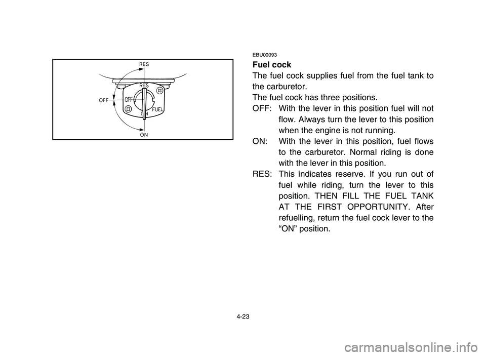 YAMAHA YFM50R 2006 Notices Demploi (in French) 4-23
EBU00093
Fuel cock
The fuel cock supplies fuel from the fuel tank to
the carburetor.
The fuel cock has three positions.
OFF: With the lever in this position fuel will not
flow. Always turn the le YAMAHA YFM50R 2006 Notices Demploi (in French) 4-23
EBU00093
Fuel cock
The fuel cock supplies fuel from the fuel tank to
the carburetor.
The fuel cock has three positions.
OFF: With the lever in this position fuel will not
flow. Always turn the le