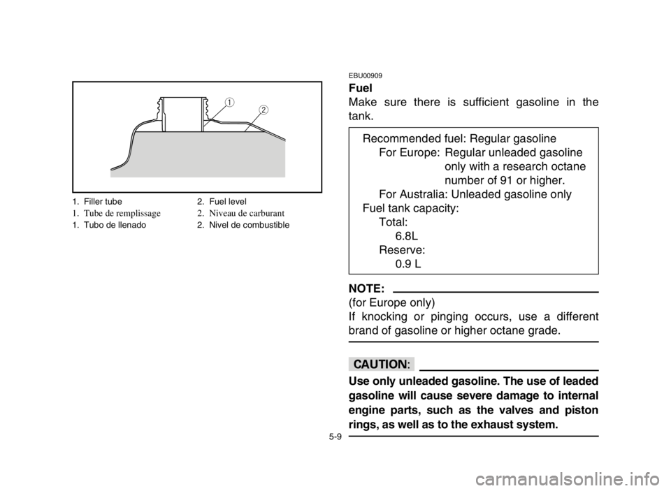 YAMAHA YFM50S 2004  Owners Manual 5-9
EBU00909
Fuel
Make sure there is sufficient gasoline in the
tank.
NOTE:
(for Europe only)
If knocking or pinging occurs, use a different
brand of gasoline or higher octane grade.
cC
Use only unlea