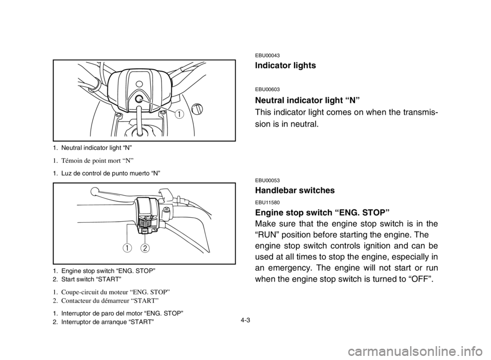 YAMAHA YFM50S 2004 Manual PDF 4-3
EBU00043
Indicator lights
EBU00603
Neutral indicator light “N”
This indicator light comes on when the transmis-
sion is in neutral.
EBU00053
Handlebar switches
EBU11580
Engine stop switch “E