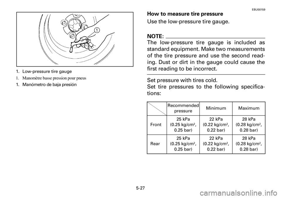 YAMAHA YFM600FWA 2001  Owners Manual 5-27
1. Low-pressure tire gauge
1. Manomètre basse pression pour pneus
1. Manómetro de baja presión
EBU00159
How to measure tire pressure
Use the low-pressure tire gauge.
NOTE:
The low-pressure tir