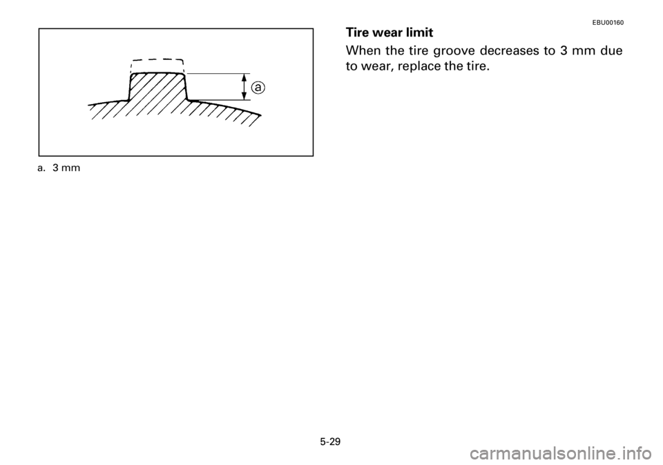 YAMAHA YFM600FWA 2001  Owners Manual 5-29
a. 3 mm
EBU00160
Tire wear limit
When the tire groove decreases to 3 mm due
to wear, replace the tire. 