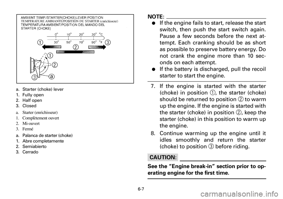 YAMAHA YFM600FWA 2001 Owners Manual 6-7
a. Starter (choke) lever
1. Fully open
2. Half open
3. Closed
a. Starter (enrichisseur)
1. Complètement ouvert
2. Mi-ouvert
3. Fermé
a. Palanca de starter (choke)
1. Abre completamente
2. Semiab YAMAHA YFM600FWA 2001 Owners Manual 6-7
a. Starter (choke) lever
1. Fully open
2. Half open
3. Closed
a. Starter (enrichisseur)
1. Complètement ouvert
2. Mi-ouvert
3. Fermé
a. Palanca de starter (choke)
1. Abre completamente
2. Semiab