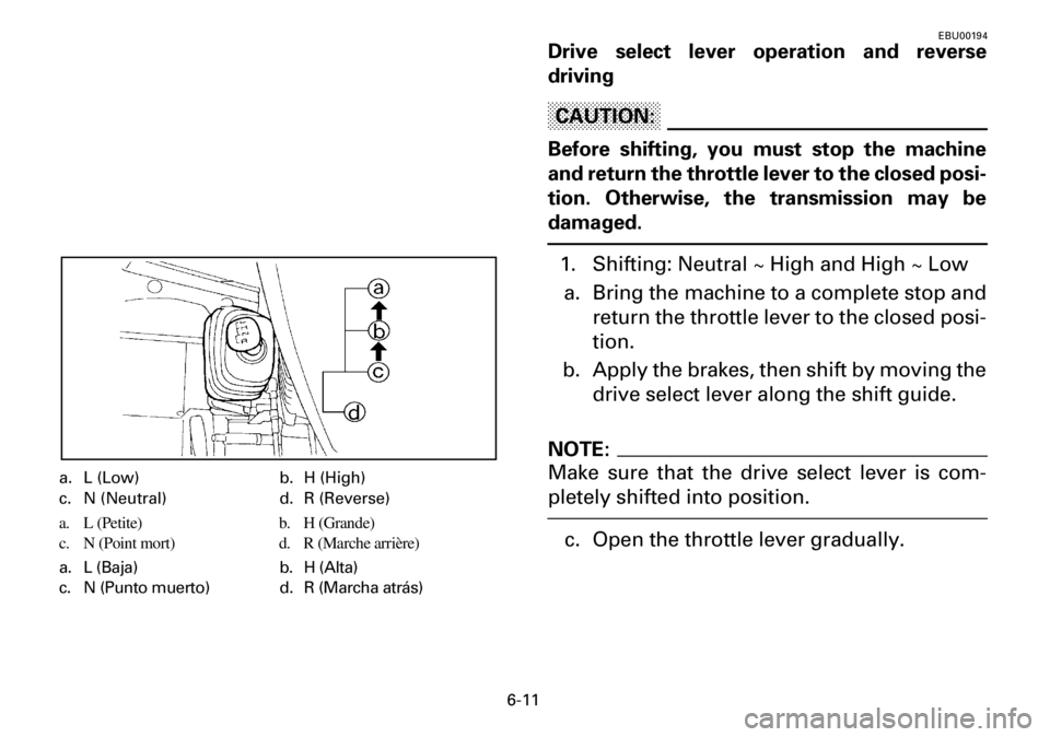 YAMAHA YFM600FWA 2001  Owners Manual 6-11
EBU00194
Drive select lever operation and reverse
driving
CAUTION:
Before shifting, you must stop the machine
and return the throttle lever to the closed posi-
tion. Otherwise, the transmission m