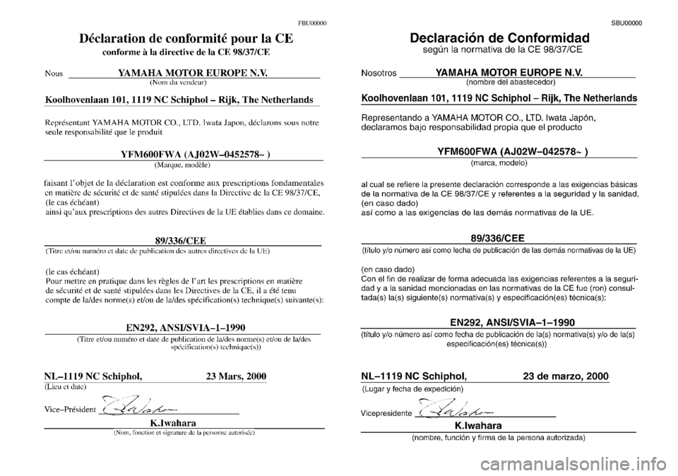 YAMAHA YFM600FWA 2001  Notices Demploi (in French) FBU00000SBU00000 