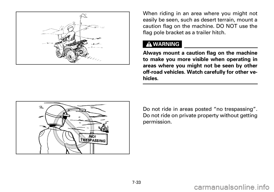 YAMAHA YFM600FWA 2001  Owners Manual 7-33
When riding in an area where you might not
easily be seen, such as desert terrain, mount a
caution flag on the machine. DO NOT use the
flag pole bracket as a trailer hitch.
WARNING
Always mount a