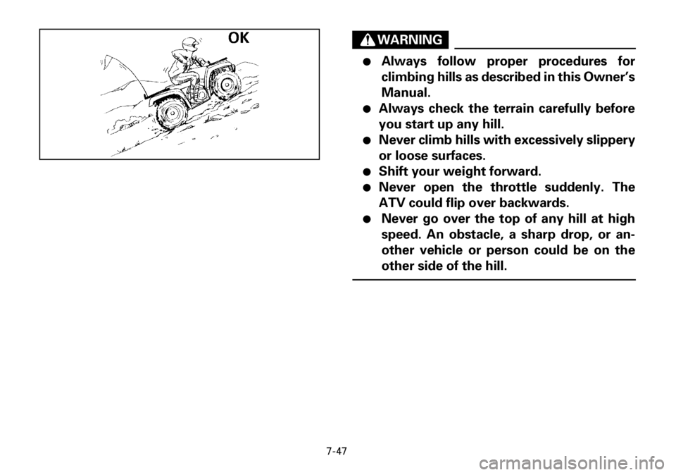 YAMAHA YFM600FWA 2001 Manuale de Empleo (in Spanish) 7-47
WARNING
●Always follow proper procedures for
climbing hills as described in this Owner’s
Manual.
●Always check the terrain carefully before
you start up any hill.
●Never climb hills with YAMAHA YFM600FWA 2001 Manuale de Empleo (in Spanish) 7-47
WARNING
●Always follow proper procedures for
climbing hills as described in this Owner’s
Manual.
●Always check the terrain carefully before
you start up any hill.
●Never climb hills with
