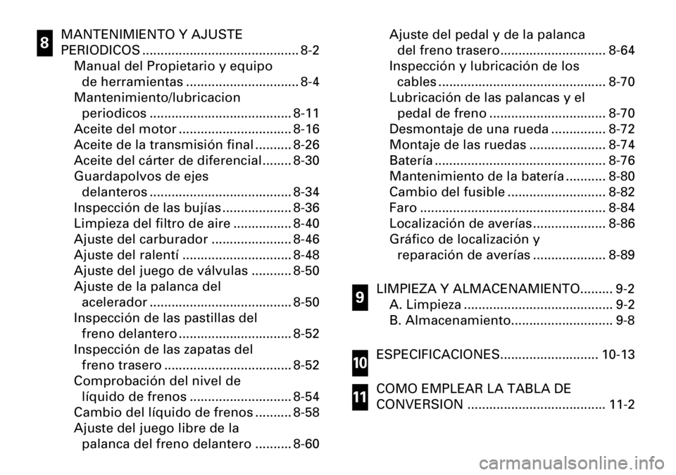 YAMAHA YFM600FWA 2001  Notices Demploi (in French) MANTENIMIENTO Y AJUSTE 
PERIODICOS ........................................... 8-2
Manual del Propietario y equipo 
de herramientas ............................... 8-4
Mantenimiento/lubricacion
period