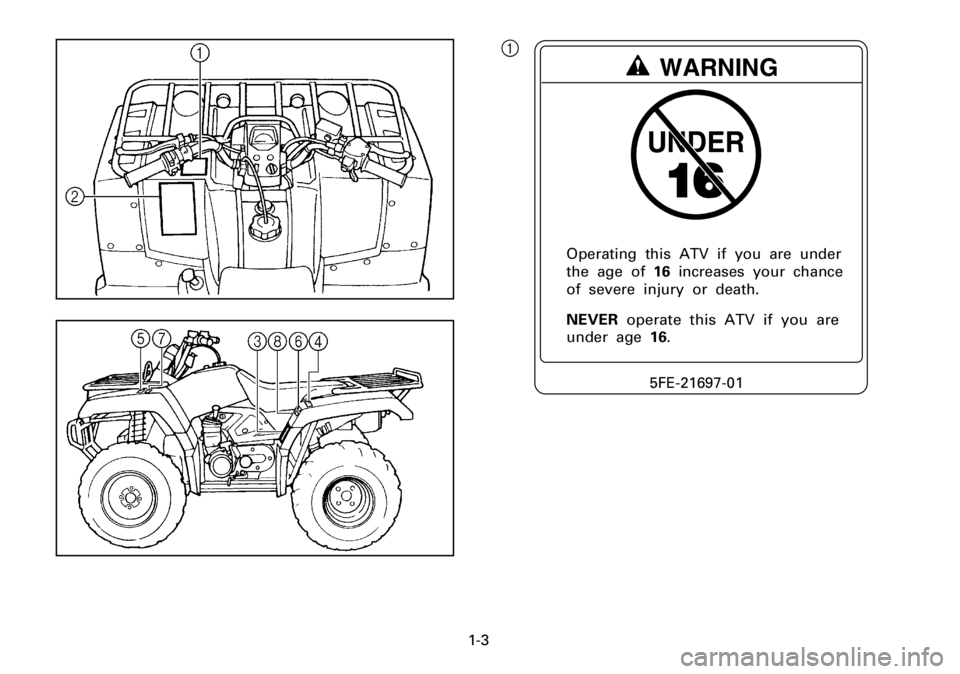 YAMAHA YFM600FWA 2001 Owners Manual 1-3
UNDER
WARNING
5FE-21697-01
NEVER operate this ATV if you are
under age16. Operating this ATV if you are under
the age of16 increases your chance
of severe injury or death.
1 YAMAHA YFM600FWA 2001 Owners Manual 1-3
UNDER
WARNING
5FE-21697-01
NEVER operate this ATV if you are
under age16. Operating this ATV if you are under
the age of16 increases your chance
of severe injury or death.
1