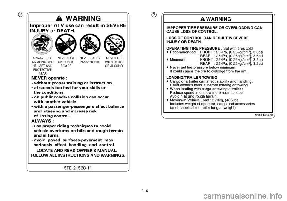 YAMAHA YFM600FWA 2001 Owners Manual 1-4
23 YAMAHA YFM600FWA 2001 Owners Manual 1-4
23