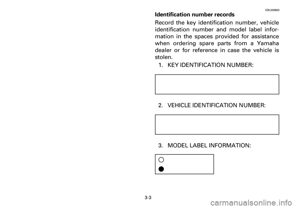 YAMAHA YFM600FWA 2001  Notices Demploi (in French) 3-3
EBU00600
Identification number records
Record the key identification number, vehicle
identification number and model label infor-
mation in the spaces provided for assistance
when ordering spare p