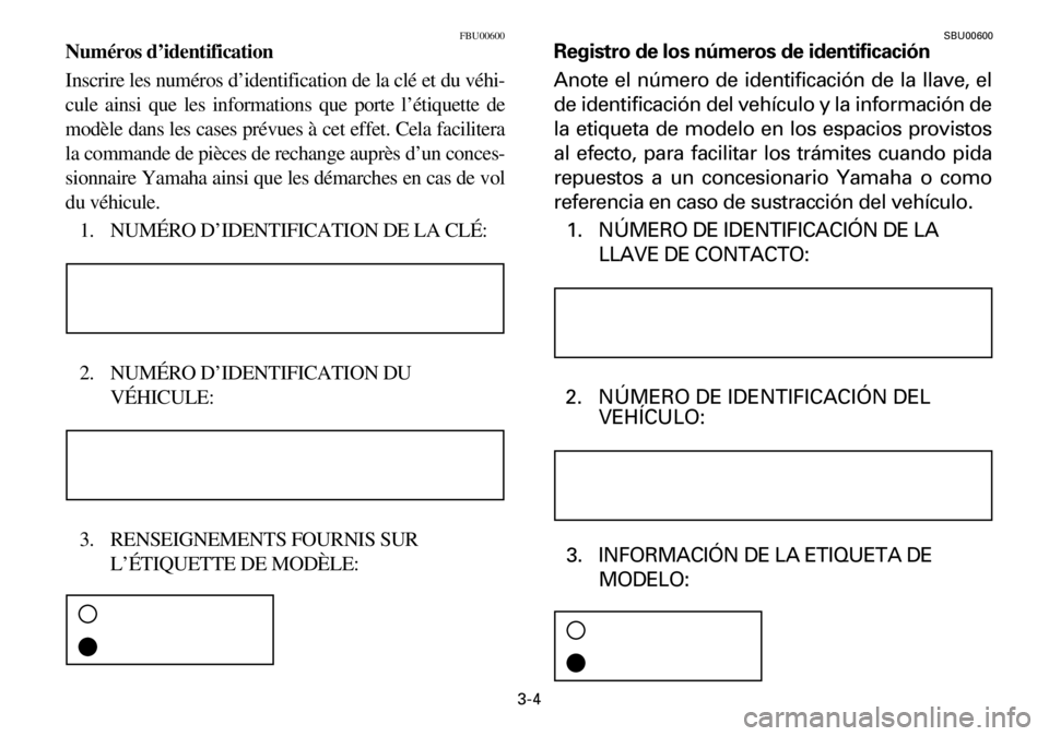 YAMAHA YFM600FWA 2001 Workshop Manual 3-4
FBU00600
Numéros d’identification
Inscrire les numéros d’identification de la clé et du véhi-
cule ainsi que les informations que porte l’étiquette de
modèle dans les cases prévues à