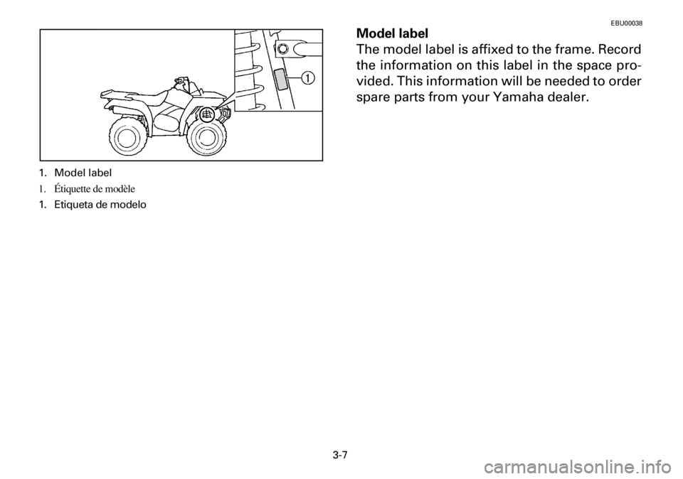 YAMAHA YFM600FWA 2001  Notices Demploi (in French) 3-7
1. Model label
1. Étiquette de modèle
1. Etiqueta de modelo
EBU00038
Model label
The model label is affixed to the frame. Record
the information on this label in the space pro-
vided. This infor