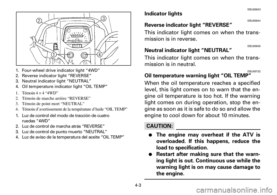 YAMAHA YFM600FWA 2001 Notices Demploi (in French) 4-3
1. Four-wheel drive indicator light “4WD”
2. Reverse indicator light “REVERSE”
3. Neutral indicator light “NEUTRAL”
4. Oil temperature indicator light “OIL TEMP”
1. Témoin 4 × 4 YAMAHA YFM600FWA 2001 Notices Demploi (in French) 4-3
1. Four-wheel drive indicator light “4WD”
2. Reverse indicator light “REVERSE”
3. Neutral indicator light “NEUTRAL”
4. Oil temperature indicator light “OIL TEMP”
1. Témoin 4 × 4