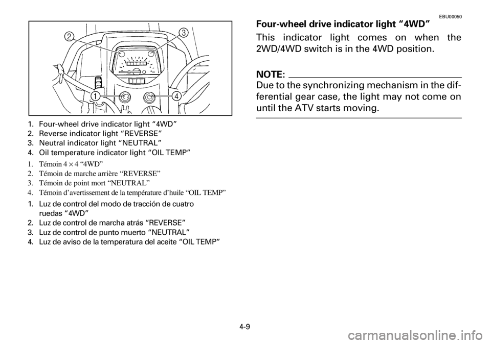 YAMAHA YFM600FWA 2001 Repair Manual 4-9
1. Four-wheel drive indicator light “4WD”
2. Reverse indicator light “REVERSE”
3. Neutral indicator light “NEUTRAL”
4. Oil temperature indicator light “OIL TEMP”
1. Témoin 4 × 4 YAMAHA YFM600FWA 2001 Repair Manual 4-9
1. Four-wheel drive indicator light “4WD”
2. Reverse indicator light “REVERSE”
3. Neutral indicator light “NEUTRAL”
4. Oil temperature indicator light “OIL TEMP”
1. Témoin 4 × 4