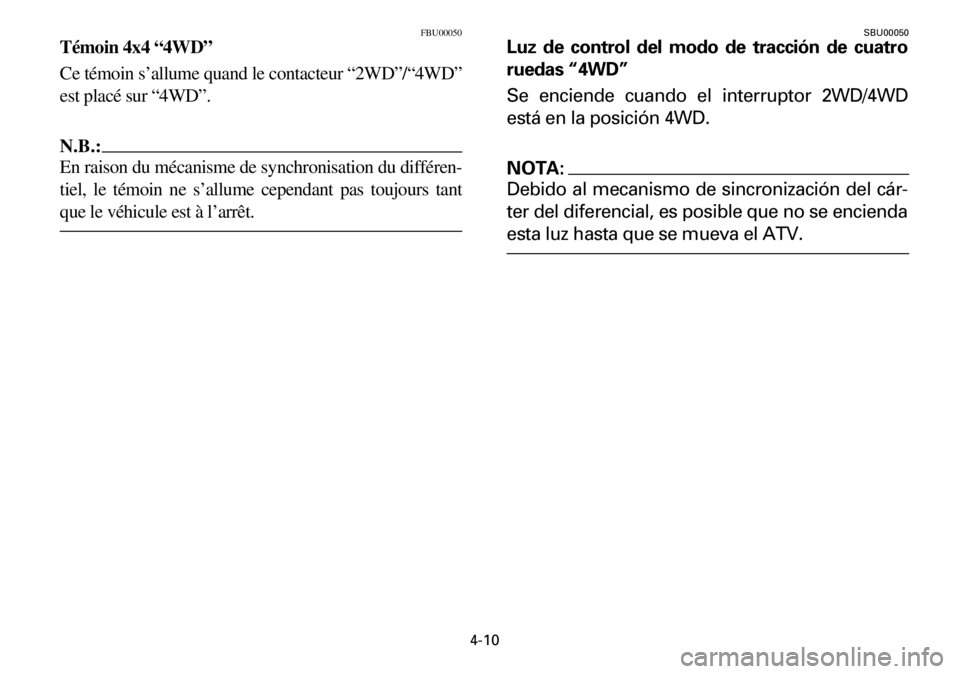 YAMAHA YFM600FWA 2001 Repair Manual 4-10
FBU00050
Témoin 4x4 “4WD”
Ce témoin s’allume quand le contacteur “2WD”/“4WD”
est placé sur “4WD”.
N.B.:
En raison du mécanisme de synchronisation du différen-
tiel, le tém YAMAHA YFM600FWA 2001 Repair Manual 4-10
FBU00050
Témoin 4x4 “4WD”
Ce témoin s’allume quand le contacteur “2WD”/“4WD”
est placé sur “4WD”.
N.B.:
En raison du mécanisme de synchronisation du différen-
tiel, le tém