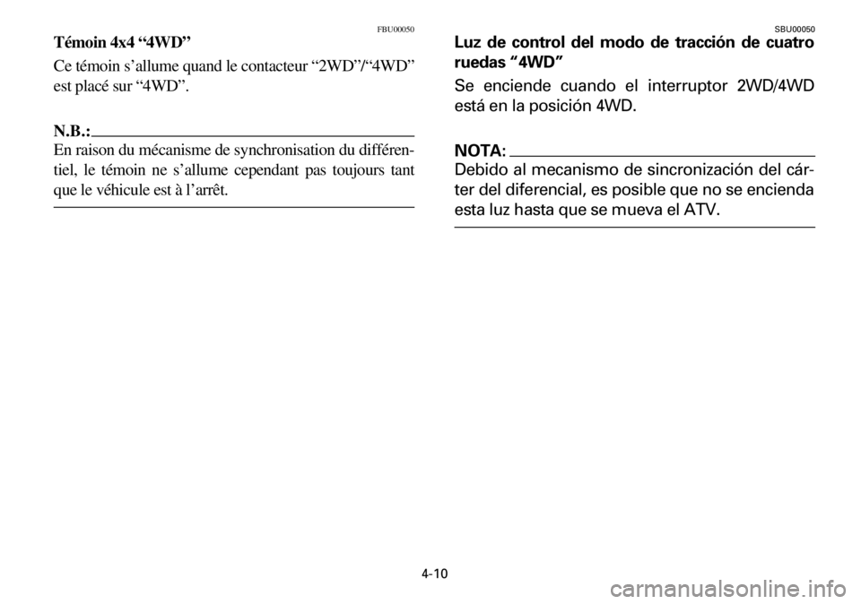 YAMAHA YFM600FWA 2001  Notices Demploi (in French) 4-10
FBU00050
Témoin 4x4 “4WD”
Ce témoin s’allume quand le contacteur “2WD”/“4WD”
est placé sur “4WD”.
N.B.:
En raison du mécanisme de synchronisation du différen-
tiel, le tém