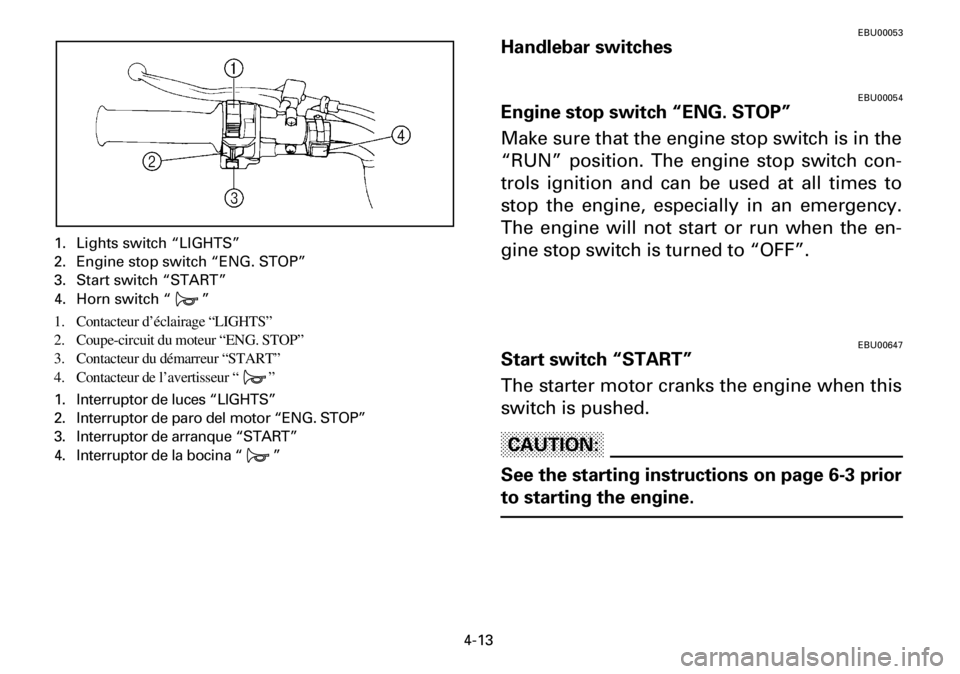 YAMAHA YFM600FWA 2001 Manual PDF 4-13
1. Lights switch “LIGHTS”
2. Engine stop switch “ENG. STOP”
3. Start switch “START”
4. Horn switch “ ”
1. Contacteur d’éclairage “LIGHTS”
2. Coupe-circuit du moteur “ENG. YAMAHA YFM600FWA 2001 Manual PDF 4-13
1. Lights switch “LIGHTS”
2. Engine stop switch “ENG. STOP”
3. Start switch “START”
4. Horn switch “ ”
1. Contacteur d’éclairage “LIGHTS”
2. Coupe-circuit du moteur “ENG.