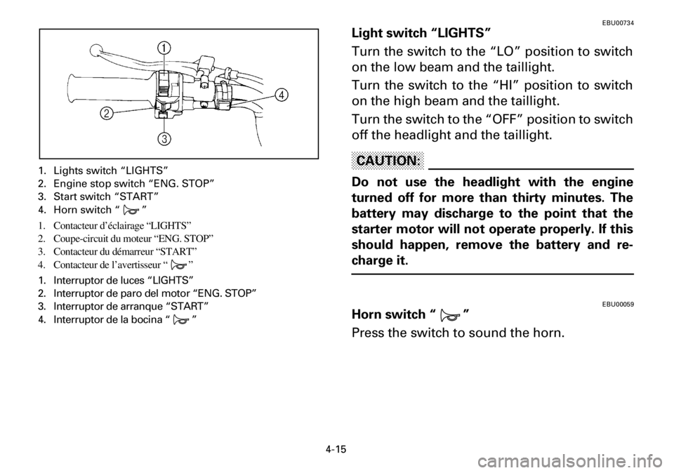 YAMAHA YFM600FWA 2001 Manual PDF 4-15
1. Lights switch “LIGHTS”
2. Engine stop switch “ENG. STOP”
3. Start switch “START”
4. Horn switch “ ”
1. Contacteur d’éclairage “LIGHTS”
2. Coupe-circuit du moteur “ENG. YAMAHA YFM600FWA 2001 Manual PDF 4-15
1. Lights switch “LIGHTS”
2. Engine stop switch “ENG. STOP”
3. Start switch “START”
4. Horn switch “ ”
1. Contacteur d’éclairage “LIGHTS”
2. Coupe-circuit du moteur “ENG.