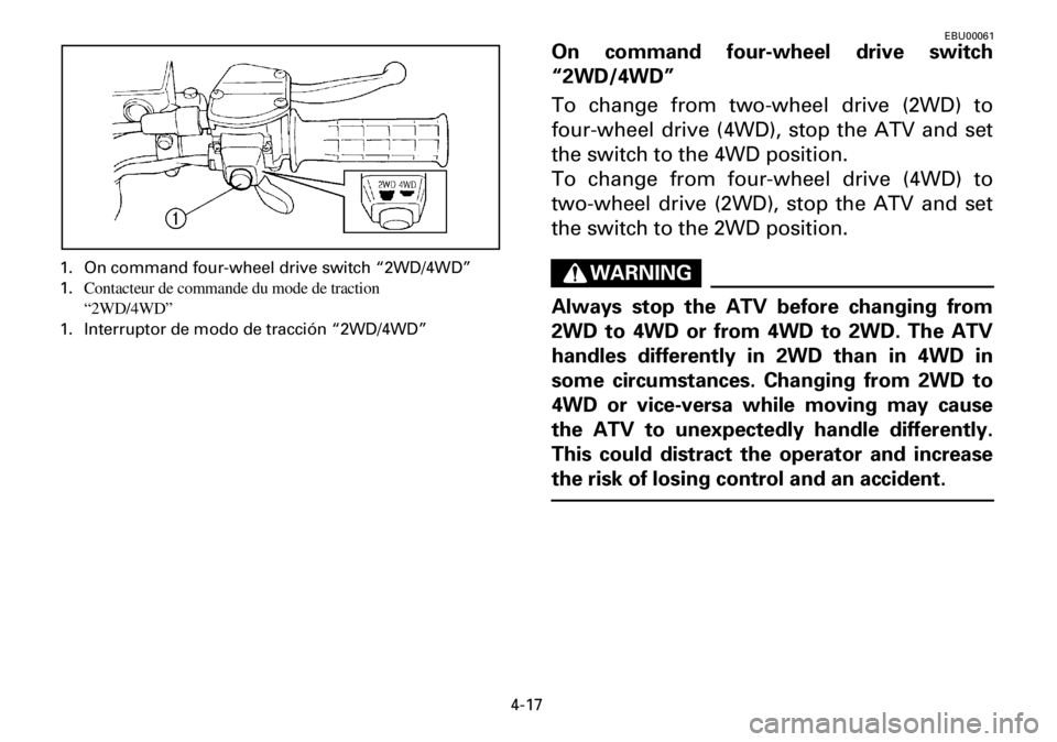 YAMAHA YFM600FWA 2001 Manual PDF 4-17
1. On command four-wheel drive switch “2WD/4WD”
1.Contacteur de commande du mode de traction
“2WD/4WD”
1. Interruptor de modo de tracción “2WD/4WD”
EBU00061
On command four-wheel dr YAMAHA YFM600FWA 2001 Manual PDF 4-17
1. On command four-wheel drive switch “2WD/4WD”
1.Contacteur de commande du mode de traction
“2WD/4WD”
1. Interruptor de modo de tracción “2WD/4WD”
EBU00061
On command four-wheel dr