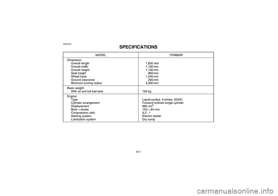 YAMAHA YFM660R 2004  Owners Manual 10-1
EBU00428
SPECIFICATIONS
MODEL YFM660R
Dimension:
Overall length
Overall width
Overall height
Seat height
Wheel base
Ground clearance
Minimum turning radius1,830 mm
1,100 mm 
1,150 mm 
860 mm 
1,2