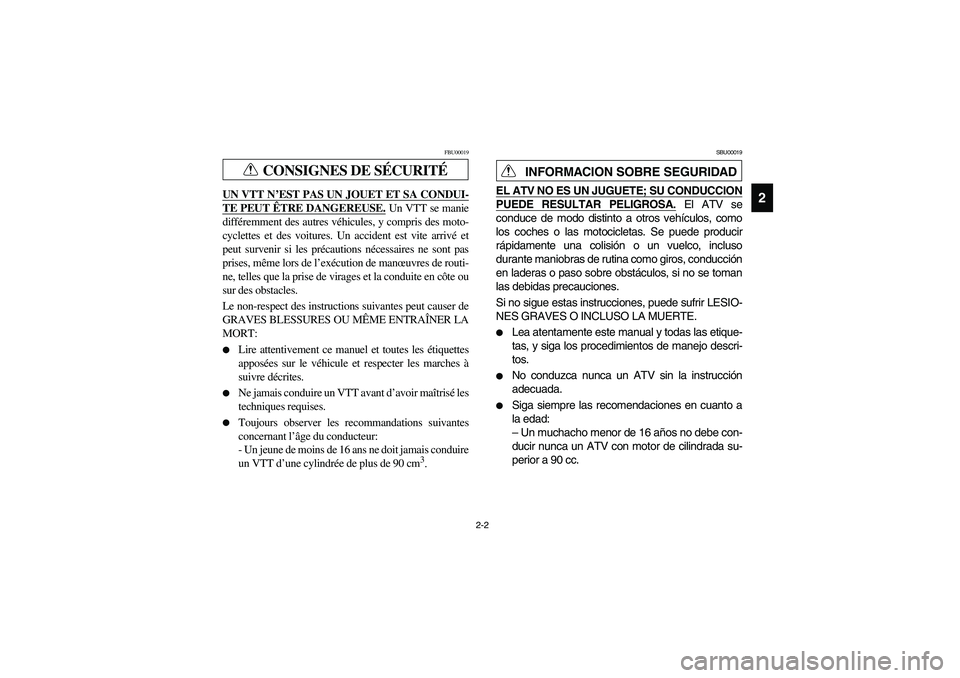 YAMAHA YFM660R 2004  Notices Demploi (in French) 2-2
2
CONSIGNES DE SÉCURITÉ
FBU00019
UN VTT N’EST PAS UN JOUET ET SA CONDUI-TE PEUT ÊTRE DANGEREUSE.
 Un VTT se manie
différemment des autres véhicules, y compris des moto-
cyclettes et des voi