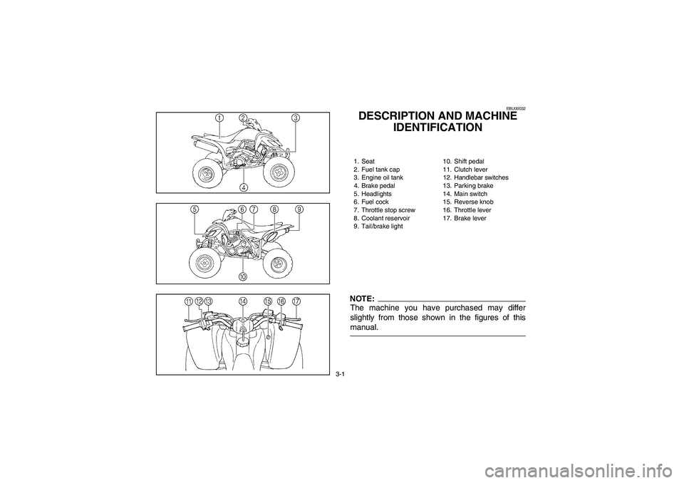YAMAHA YFM660R 2004 Notices Demploi (in French) 3-1
EBU00032
DESCRIPTION AND MACHINE
IDENTIFICATION1. Seat
2. Fuel tank cap
3. Engine oil tank
4. Brake pedal
5. Headlights
6. Fuel cock
7. Throttle stop screw
8. Coolant reservoir
9. Tail/brake ligh YAMAHA YFM660R 2004 Notices Demploi (in French) 3-1
EBU00032
DESCRIPTION AND MACHINE
IDENTIFICATION1. Seat
2. Fuel tank cap
3. Engine oil tank
4. Brake pedal
5. Headlights
6. Fuel cock
7. Throttle stop screw
8. Coolant reservoir
9. Tail/brake ligh