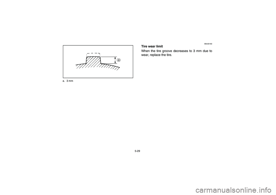 YAMAHA YFM660R 2003  Manuale de Empleo (in Spanish) 5-29 a. 3 mm
EBU00160
Tire wear limit
When the tire groove decreases to 3 mm due to
wear, replace the tire.
U5LP62.book  Page 29  Wednesday, May 8, 2002  11:24 AM 