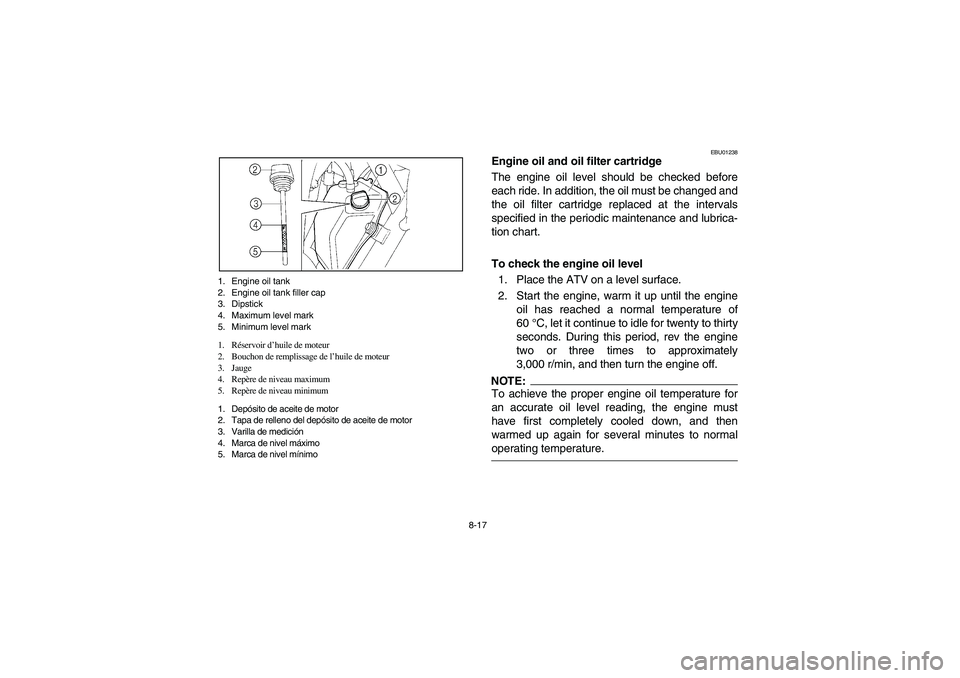 YAMAHA YFM660R 2003 Notices Demploi (in French) 8-17 1. Engine oil tank
2. Engine oil tank filler cap
3. Dipstick
4. Maximum level mark
5. Minimum level mark
1. Réservoir d’huile de moteur
2. Bouchon de remplissage de l’huile de moteur
3. Jaug YAMAHA YFM660R 2003 Notices Demploi (in French) 8-17 1. Engine oil tank
2. Engine oil tank filler cap
3. Dipstick
4. Maximum level mark
5. Minimum level mark
1. Réservoir d’huile de moteur
2. Bouchon de remplissage de l’huile de moteur
3. Jaug
