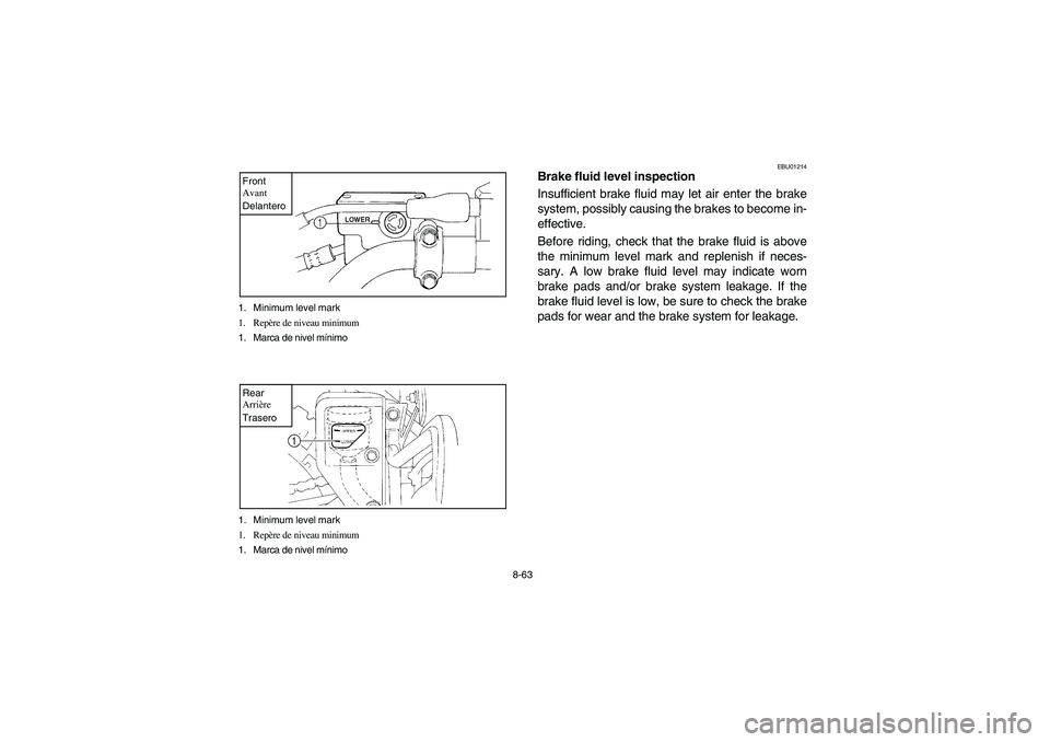 YAMAHA YFM660R 2003 Owners Manual 8-63 1. Minimum level mark
1. Repère de niveau minimum
1. Marca de nivel mínimo
Front
Avant
Delantero1. Minimum level mark
1. Repère de niveau minimum
1. Marca de nivel mínimo Rear
Arrière
Tr YAMAHA YFM660R 2003 Owners Manual 8-63 1. Minimum level mark
1. Repère de niveau minimum
1. Marca de nivel mínimo
Front
Avant
Delantero1. Minimum level mark
1. Repère de niveau minimum
1. Marca de nivel mínimo Rear
Arrière
Tr