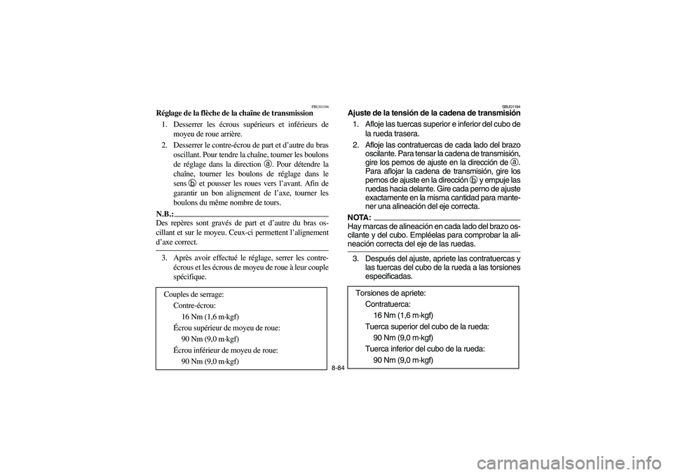 YAMAHA YFM660R 2003  Owners Manual 8-84
FBU01194
Réglage de la flèche de la chaîne de transmission
1. Desserrer les écrous supérieurs et inférieurs de
moyeu de roue arrière.
2. Desserrer le contre-écrou de part et d’autre du 
