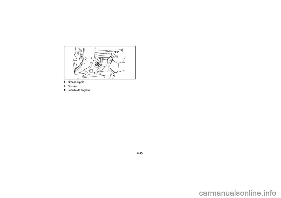 YAMAHA YFM660R 2003  Manuale de Empleo (in Spanish) 8-95 1. Grease nipple
1. Graisseur 
1. Boquilla de engrase 
U5LP62.book  Page 95  Wednesday, May 8, 2002  11:24 AM 