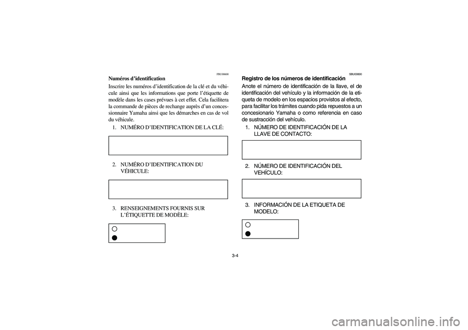 YAMAHA YFM660R 2003 User Guide 3-4
FBU00600
Numéros d’identification
Inscrire les numéros d’identification de la clé et du véhi-
cule ainsi que les informations que porte l’étiquette de
modèle dans les cases prévues à