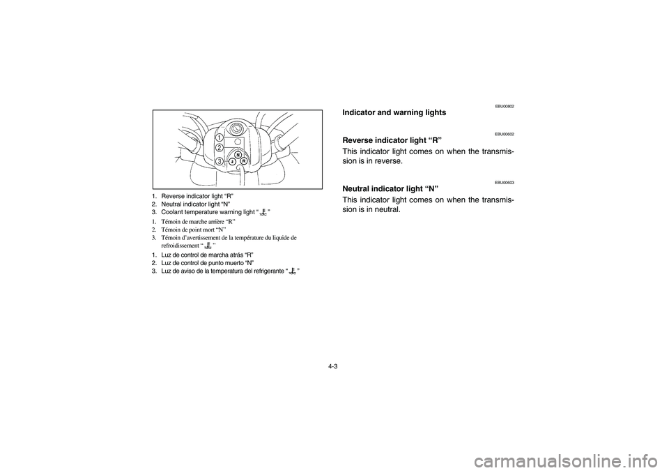 YAMAHA YFM660R 2003  Notices Demploi (in French) 4-3 1. Reverse indicator light “R”
2. Neutral indicator light “N”
3. Coolant temperature warning light “”
1. Témoin de marche arrière “R”
2. Témoin de point mort “N”
3. Témoin 