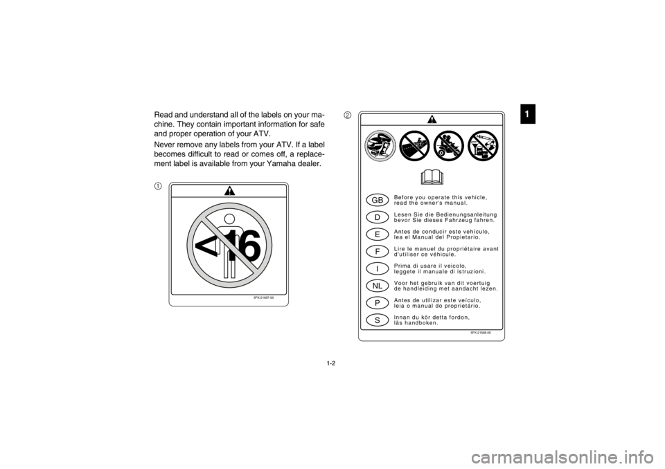 YAMAHA YFM660R 2002 Owners Manual 1-2
1
Read and understand all of the labels on your ma-
chine. They contain important information for safe
and proper operation of your ATV.
Never remove any labels from your ATV. If a label
becomes d YAMAHA YFM660R 2002 Owners Manual 1-2
1
Read and understand all of the labels on your ma-
chine. They contain important information for safe
and proper operation of your ATV.
Never remove any labels from your ATV. If a label
becomes d