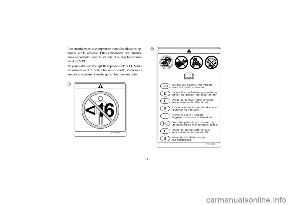YAMAHA YFM660R 2002 Owners Guide 1-6
Lire attentivement et comprendre toutes les étiquettes ap-
posées sur le véhicule. Elles contiennent des informa-
tions importantes pour la sécurité et le bon fonctionne-
ment du VTT.
Ne jama
