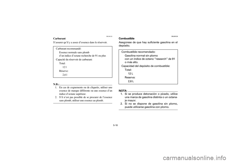 YAMAHA YFM660R 2001  Owners Manual 5-10
Yuki_DATA2:HM00G210_YFM660R-60:YFM350-5.frameER
FBU00128
Carburant
S’assurer qu’il y a assez d’essence dans le réservoir.
N.B.:
1. En  cas  de  cognements  ou  de  cliquetis,  utiliser  un