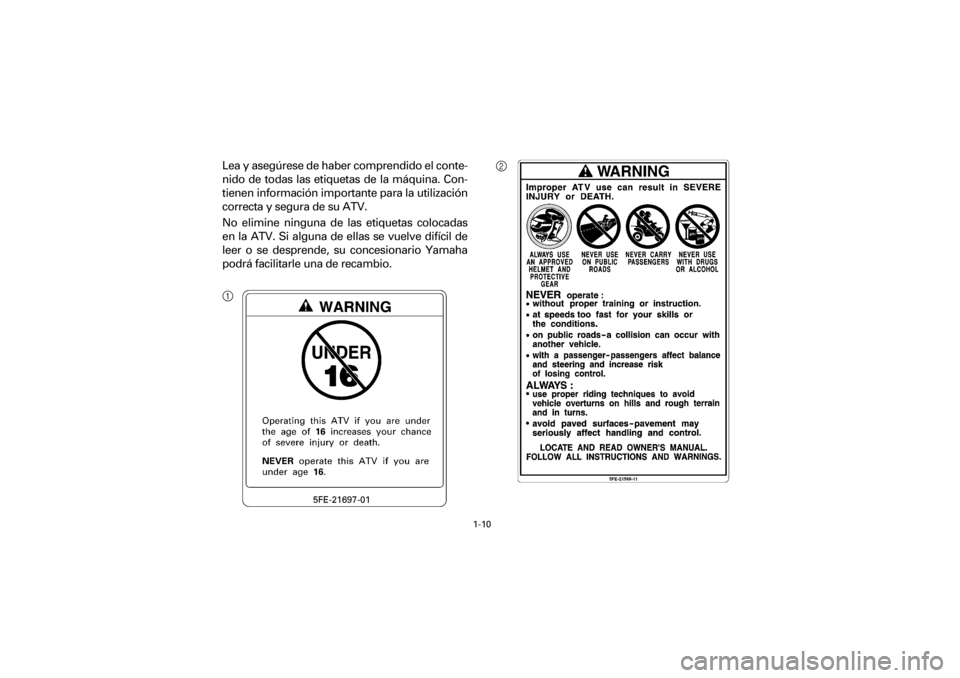 YAMAHA YFM660R 2001  Manuale de Empleo (in Spanish) 1-10
Yuki_DATA2:HM00G210_YFM660R-60:YFM350-1.frameR
Lea y asegúrese de haber comprendido el conte-
nido  de  todas  las  etiquetas  de  la  máquina.  Con-
tienen información importante para la util