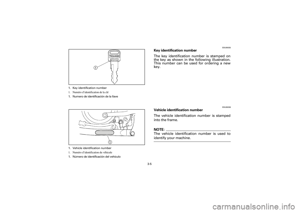 YAMAHA YFM660R 2001  Owners Manual 3-5
Yuki_DATA2:HM00G210_YFM660R-60:YFM350-3.frameEL
1. Key identification number
1. Numéro d’identification de la clé
1. Numero de identificación de la llave
EBU00035
Key identification number
Th