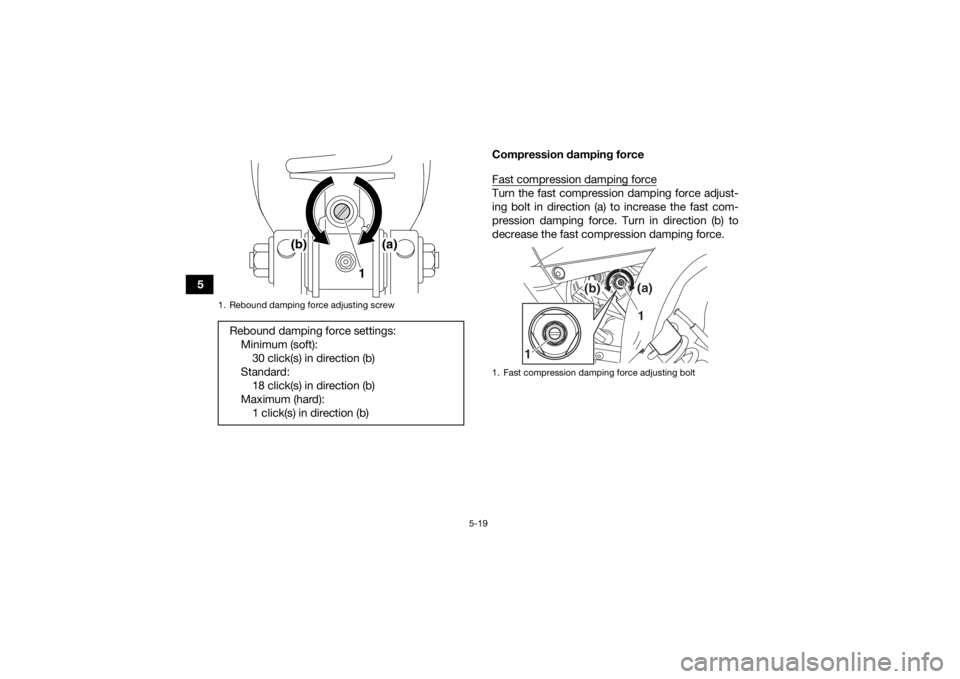 YAMAHA YFM700R 2021 Service Manual 5-19
5Compression damping force
Fast compression damping force
Turn the fast compression damping force adjust-
ing bolt in direction (a) to increase the fast com-
pression damping force. Turn in direc YAMAHA YFM700R 2021 Service Manual 5-19
5Compression damping force
Fast compression damping force
Turn the fast compression damping force adjust-
ing bolt in direction (a) to increase the fast com-
pression damping force. Turn in direc