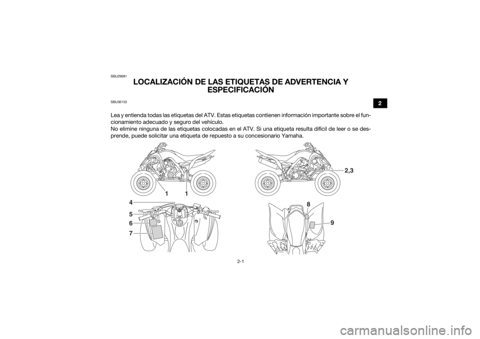 YAMAHA YFM700R 2021 Notices Demploi (in French) 2-1
2
SBU29681
LOCALIZACIÓN DE LAS ETIQUETAS DE ADVERTENCIA Y ESPECIFICACIÓN
SBU36153Lea y entienda todas las etiquetas del ATV. Estas etiquetas contienen información importante sobre el fun-
ciona YAMAHA YFM700R 2021 Notices Demploi (in French) 2-1
2
SBU29681
LOCALIZACIÓN DE LAS ETIQUETAS DE ADVERTENCIA Y ESPECIFICACIÓN
SBU36153Lea y entienda todas las etiquetas del ATV. Estas etiquetas contienen información importante sobre el fun-
ciona