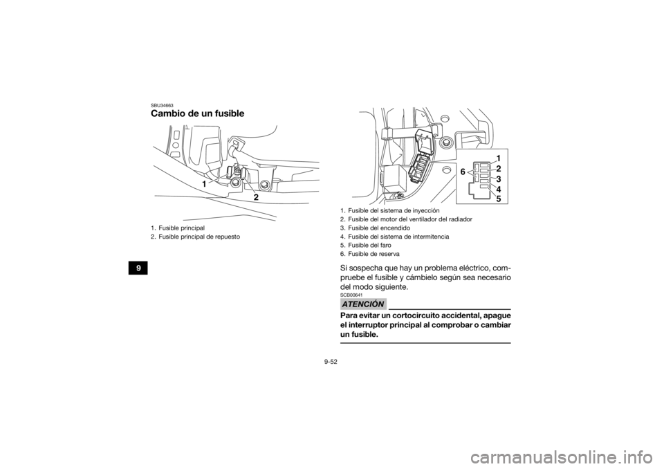 YAMAHA YFM700R 2021 Manuale de Empleo (in Spanish) 9-52
9
SBU34663Cambio de un fusible
Si sospecha que hay un problema eléctrico, com-
pruebe el fusible y cámbielo según sea necesario
del modo siguiente.ATENCIÓNSCB00641Para evitar un cortocircuito YAMAHA YFM700R 2021 Manuale de Empleo (in Spanish) 9-52
9
SBU34663Cambio de un fusible
Si sospecha que hay un problema eléctrico, com-
pruebe el fusible y cámbielo según sea necesario
del modo siguiente.ATENCIÓNSCB00641Para evitar un cortocircuito